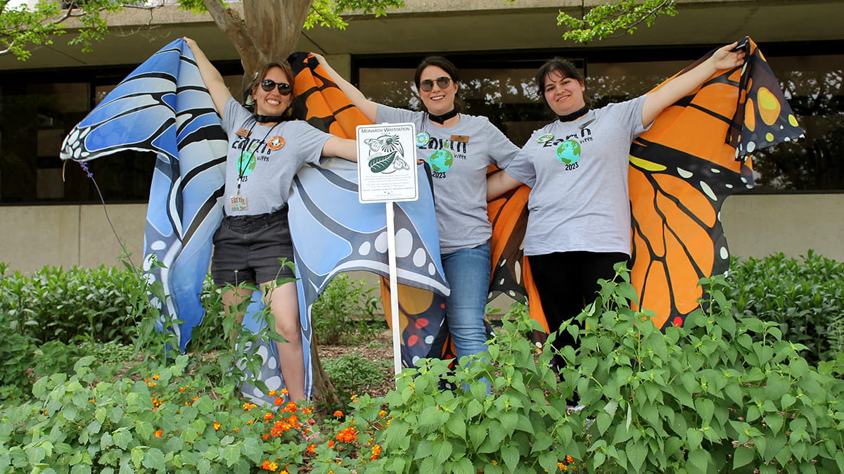 Three people in butterfly costumes pose at the Monarch Waystation.