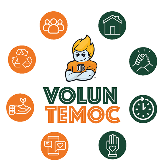 An illustration of UT Dallas Masoct Temoc surrounded by icons in a circular pattern.